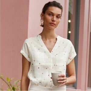NWT New Boden Evie White Gold Polka Dot Linen Top Size 8